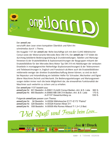 CLAAS Mähdrescher Consul Bild Bedienungsanleitung + Mercedes Benz Motor OM 314 Bild- Ersatzteillisten mit Explosionszeichnungen für MD + Motor - annoligno 1137